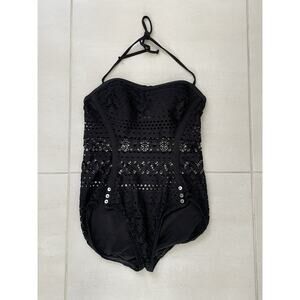 Robin Piccone Swim One Piece Swimsuit Halter Semi Sheer Crochet Swimwear